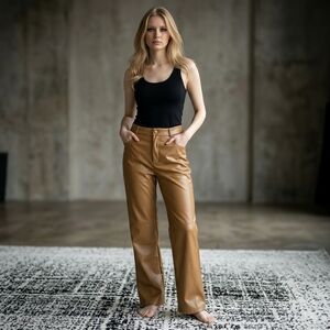 Tan Faux Leather Straight Leg Pants Minimalist Neutral 30" Waist